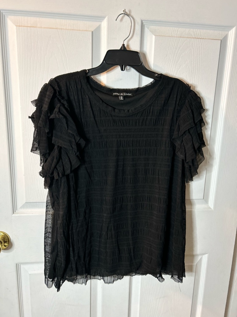 Zoe + Leelo Black Ruffle Sleeve Textured Top